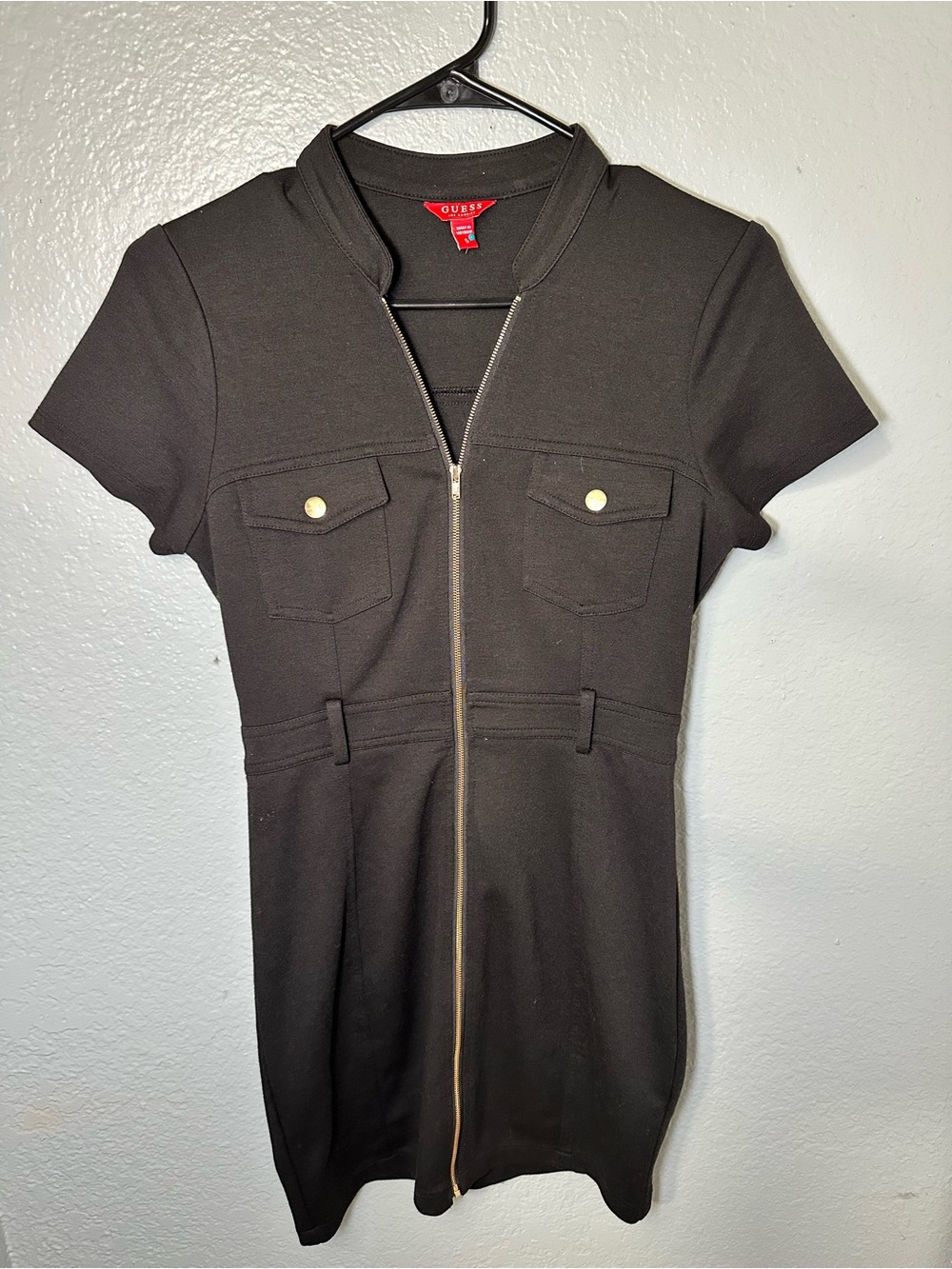 Guess Black Short Sleeve Zip-Front Mini Dress